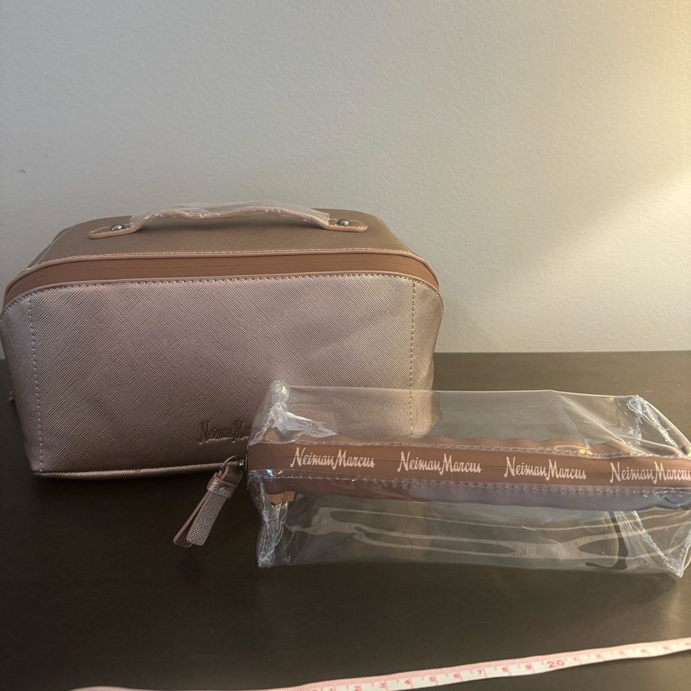Neiman Marcus Rose Gold Makeup Travel Case with Clear Insert Bag NEW
